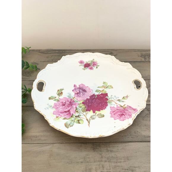 Antique Porcelain Cake Plate Roses Gold Trim Floral Tray Romantic Victorian Pink - Picture 2 of 11